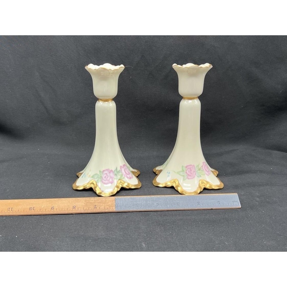 Haviland France Limoges Porcelain Candlestick Holders Pink Rose Gold Trim Set 2 - Picture 3 of 9